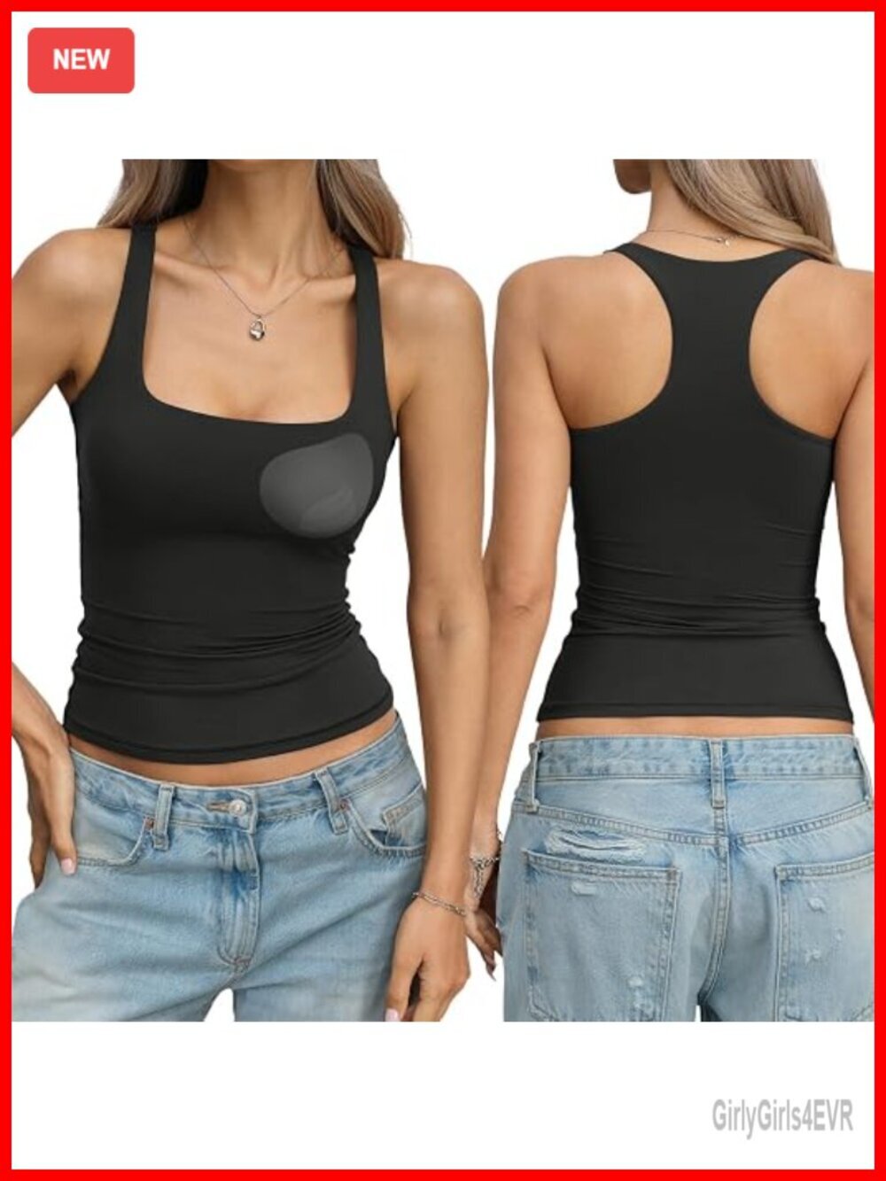 Padded Double Lined Tank Top Racerback Square Neck Built in Bra Sleeveless